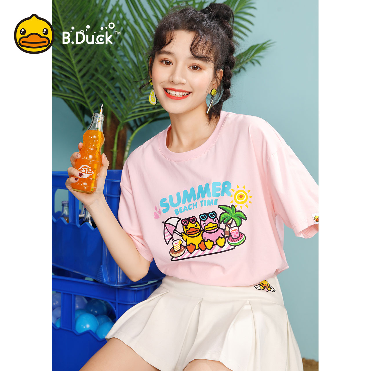B.Duck小黄鸭女装2019夏装新款粉色短袖T恤女宽松上衣打底衫韩版