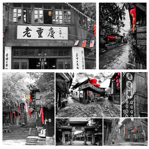 重庆黑白老照片装饰画复古怀旧挂画火锅店老旧墙壁画饭店墙画壁画