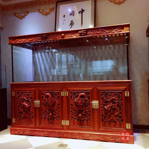 新中式全实木红木底柜超白玻璃龙鱼缸客厅免换水大型水族箱订做