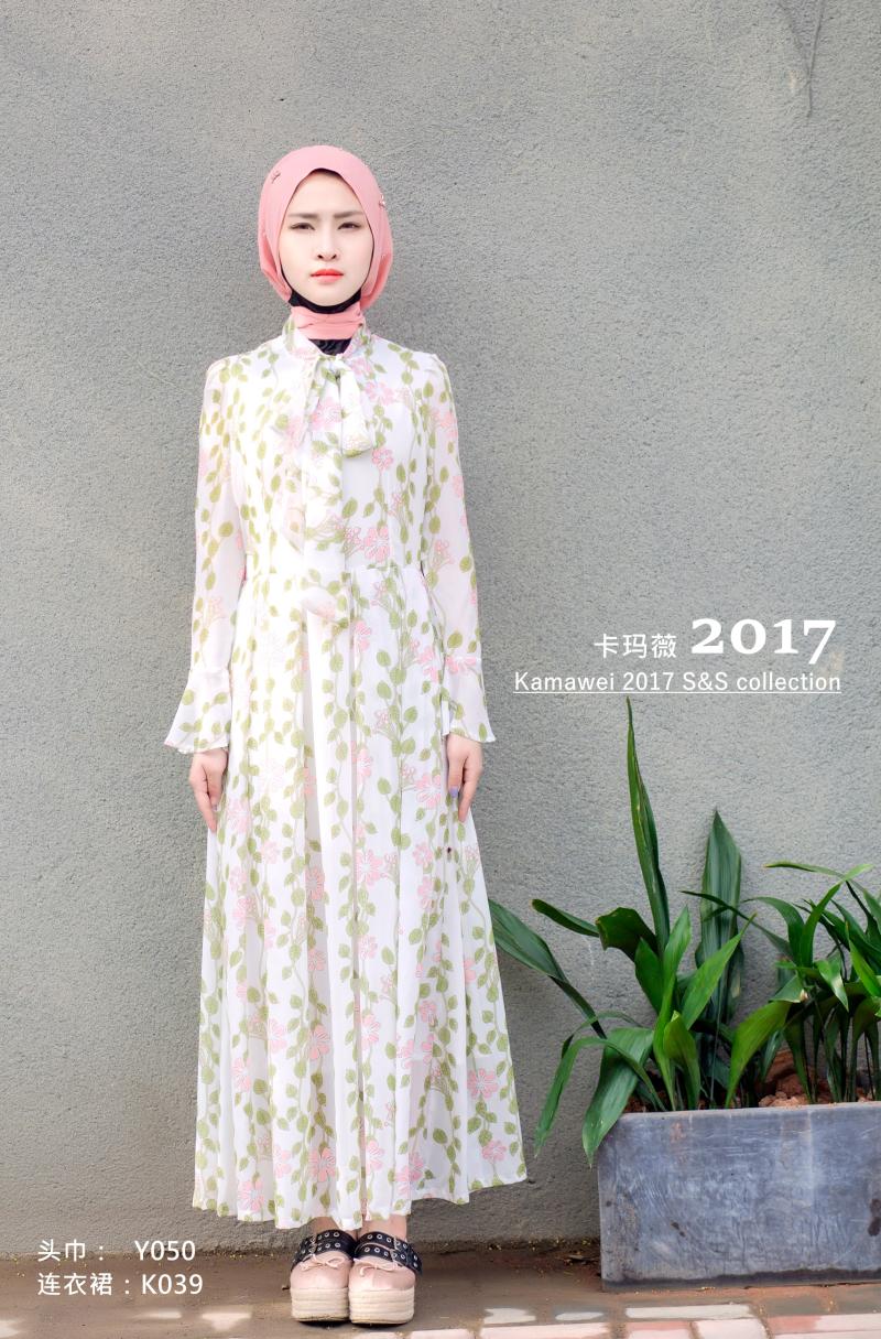 穆斯林长裙回族民族服饰连衣裙不透印花双层新款2017卡玛薇K039