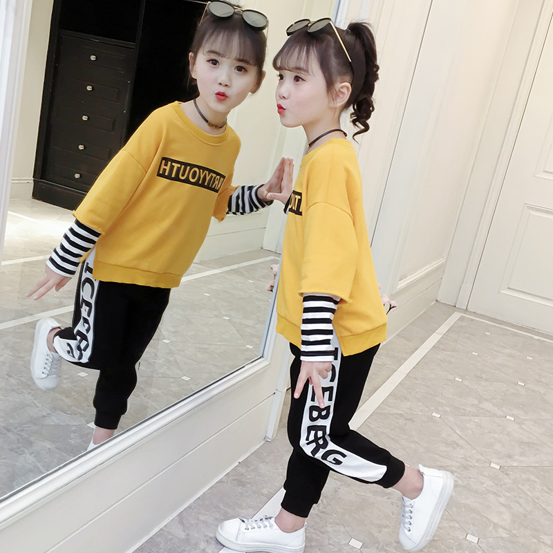 女童春季运动套装2019新款中大童时髦春装洋气韩版条纹卫衣两件套