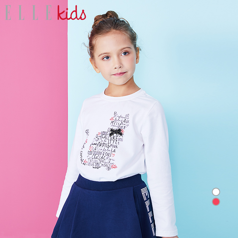 ELLE Kids童装女童长袖T恤中大童打底衫2019年春新款儿童印花上衣