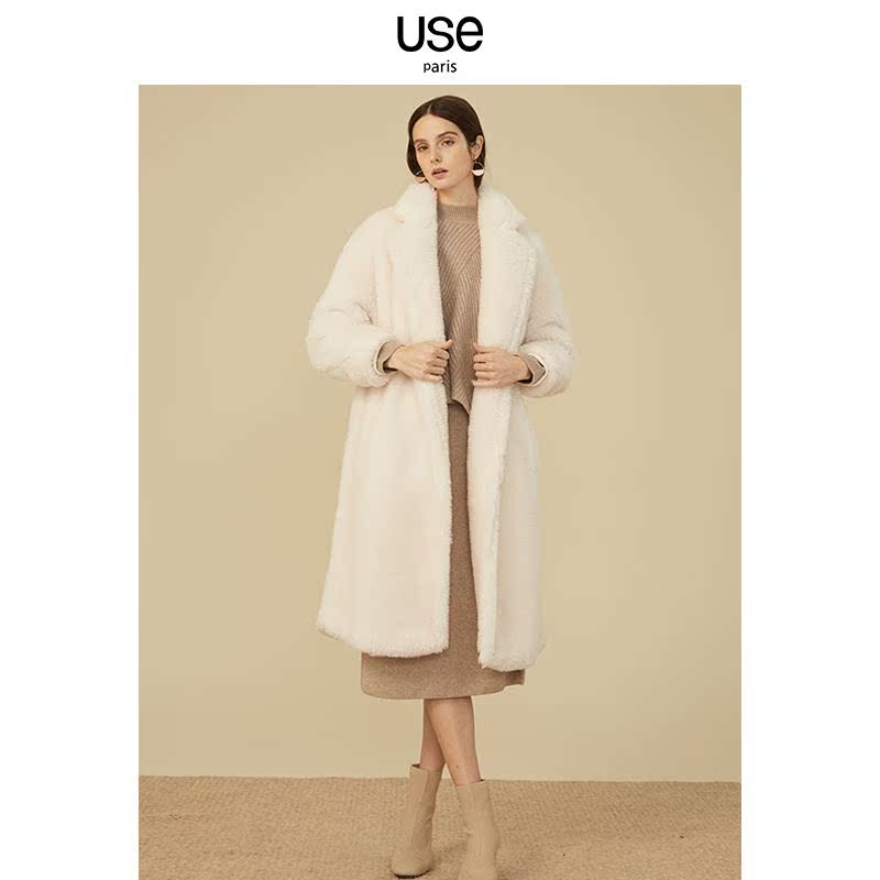 泰迪熊颗粒羊毛大衣女USE2018秋冬装新长款过膝白色茧型宽松外套