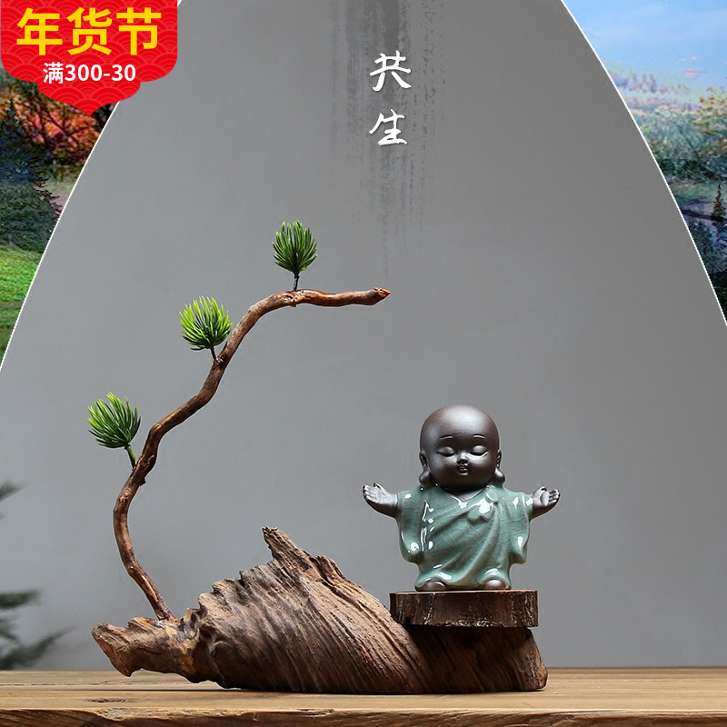 小和尚茶几新中式禅意摆件博古架木制工艺品书房装饰办公室艺术品