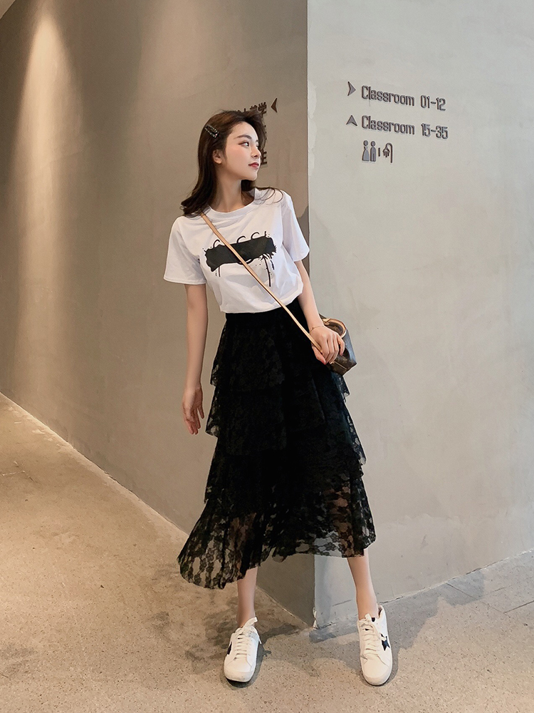 韩帛伊品女装新款韩版夏季短袖T恤+松紧腰蕾丝半身裙蛋糕裙两件套