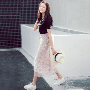iFashion夏季新款韩版小清新碎花半身裙女高腰显瘦系带雪纺长裙潮
