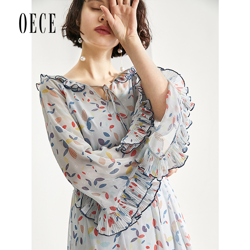 Oece2019夏装新款 法式复古裙碎花雪纺连衣裙超仙女流行裙子春夏