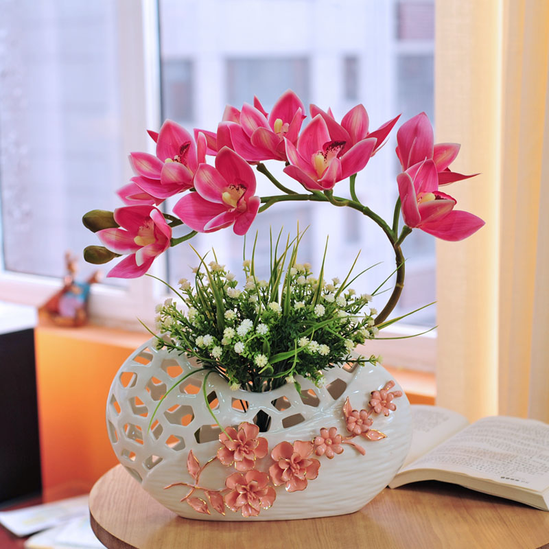 客厅仿真花 高品质陶瓷花瓶花插蝴蝶兰假花室内永生