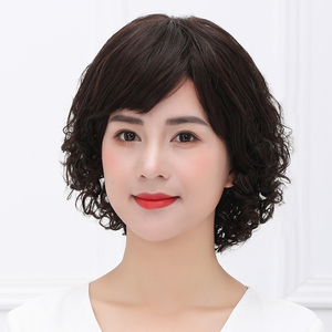 中老年 span class=h>假发 /span>女短发送妈妈短卷发圆脸斜刘海自然