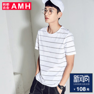 AMH男装韩版2018夏季新款青年纯棉潮流条纹印花短袖t恤男NX8322恊男装夏青年