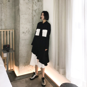八月 赫本风连衣裙2018春新款女韩版中长款拼接鱼尾衬衫裙小黑裙连衣裙