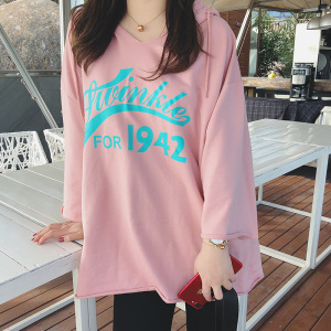 摩妮卡大码女装2018春夏新品胖MM宽松显瘦套头字母印花连帽上衣春夏大码女装