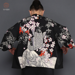 日系道袍和服开衫男夏装日式披风七分袖鲤鱼浮世绘印花外套大码