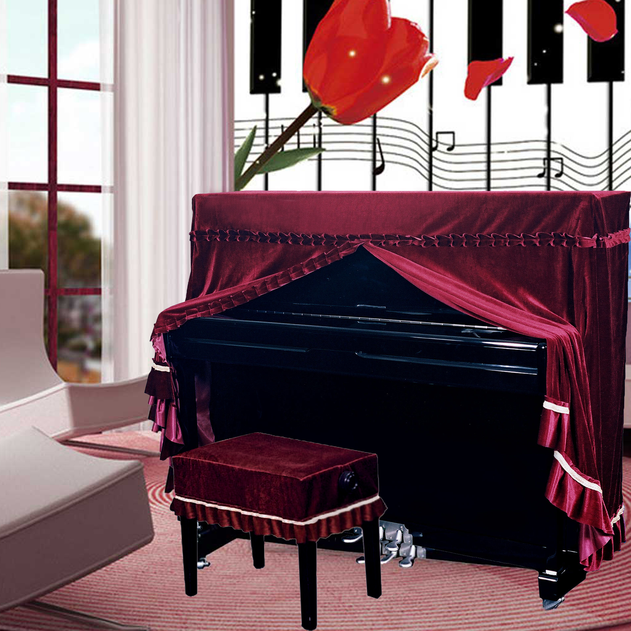 意大利加厚丝绒钢琴罩全罩布艺高档琴套防尘凳罩欧式简约现代包邮
