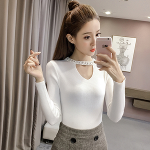套头毛衣女秋装新款淑女气质钉珠修身百搭圆领长袖打底针织衫上衣杨桃