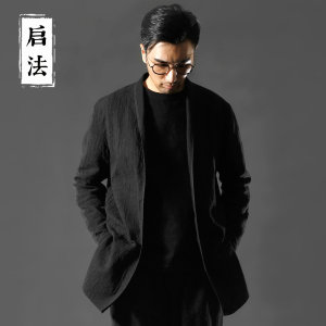 启法中式男装棉麻风衣男春季中长款休闲百搭黑色中国风外套男宽松风衣