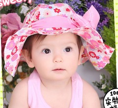 韩版女儿童帽婴儿帽子宝宝帽子春夏季太阳帽大檐 花朵蝴蝶结盆帽