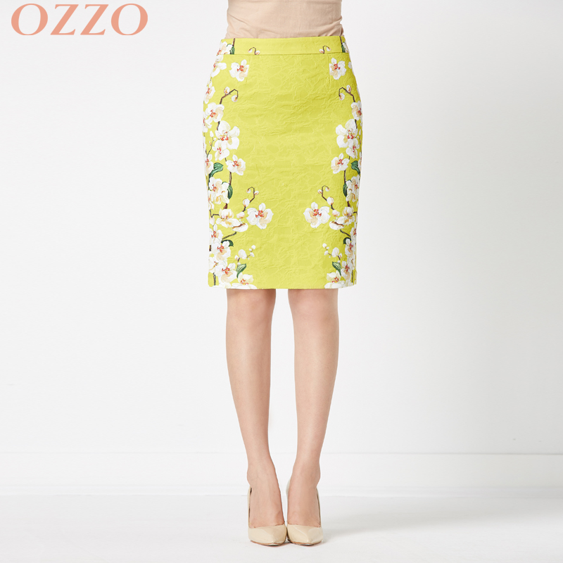 OZZO/欧尼迩高腰复古半身直筒裙女 修身印花包臀一步裙 显瘦