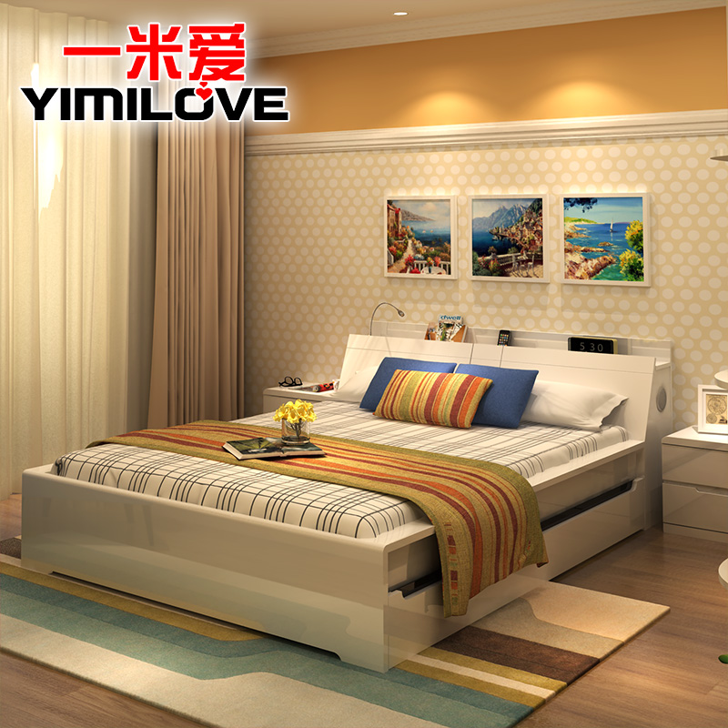 一米爱高箱床家具智能卧室简约双人床1.5 1.8米板式床烤漆储物床