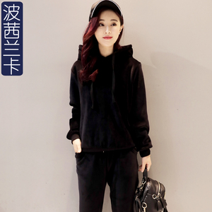 春秋装韩版休闲宽松两件套加绒卫衣女连帽套头金丝绒运动服套装女运动套装