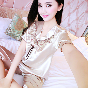 睡衣女夏季性感短袖套装夏天韩版薄款冰丝丝绸家居服可爱大码蕾丝短袖睡衣