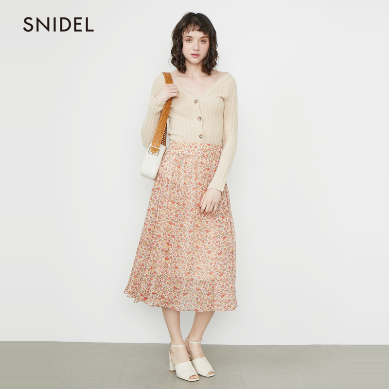 SNIDEL2019春夏新品 复古甜美碎花印花松紧腰中长半裙SWFS191204