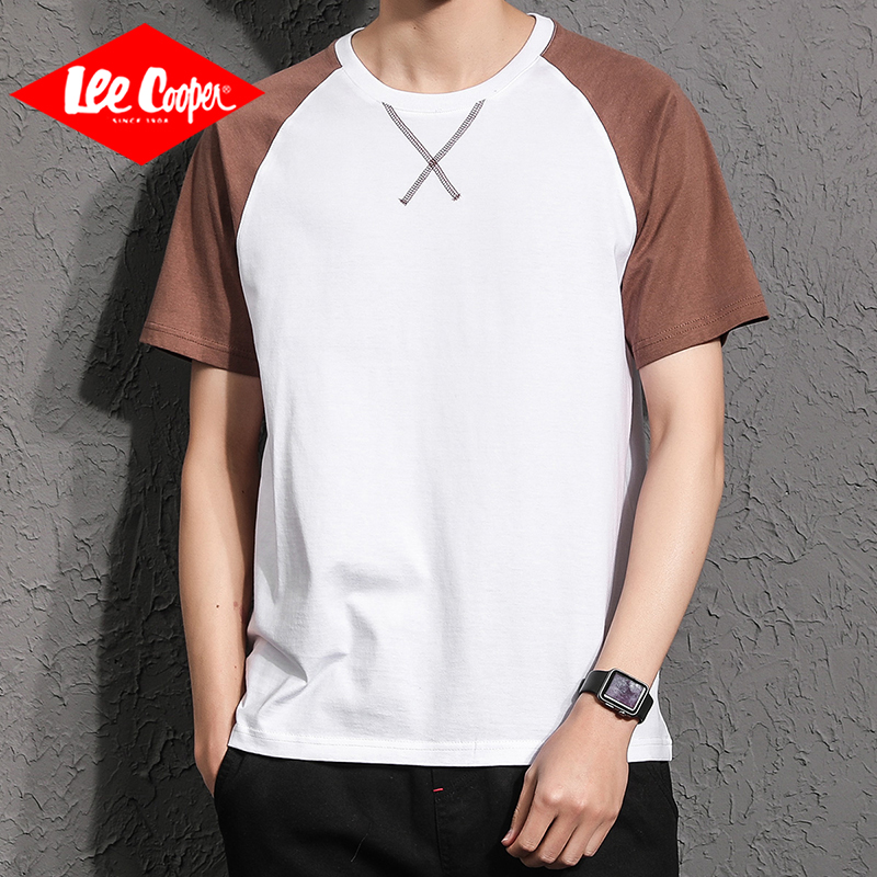 Lee Cooper夏季短袖T恤男新款韩版圆领白色青年半袖宽松休闲上衣