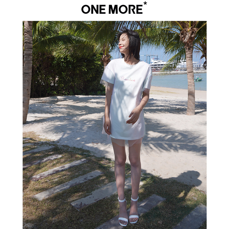 ONE MORE2019夏季新款白色拼纱字母宽松短袖T恤连衣裙