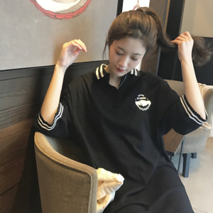 春夏女装韩版宽松中长款五分袖polo领短袖T恤连衣裙学生a字裙长裙连身裙
