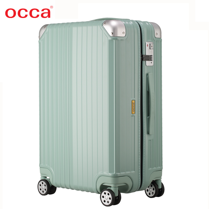 OCCA新款浅绿色纯PC拉杆箱万向轮男女时尚拉链箱小清新轻盈行李箱