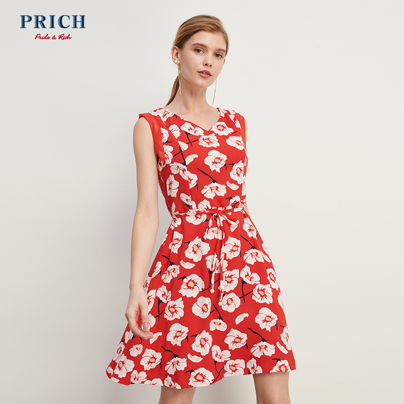 PRICH新款时尚无袖女士碎花中长款连衣裙 PROW86407M