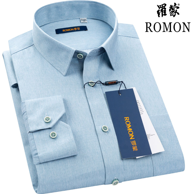 罗蒙衬衫男长袖2019春季商务正装蓝绿色细条纹休闲男装爸爸单衬衣