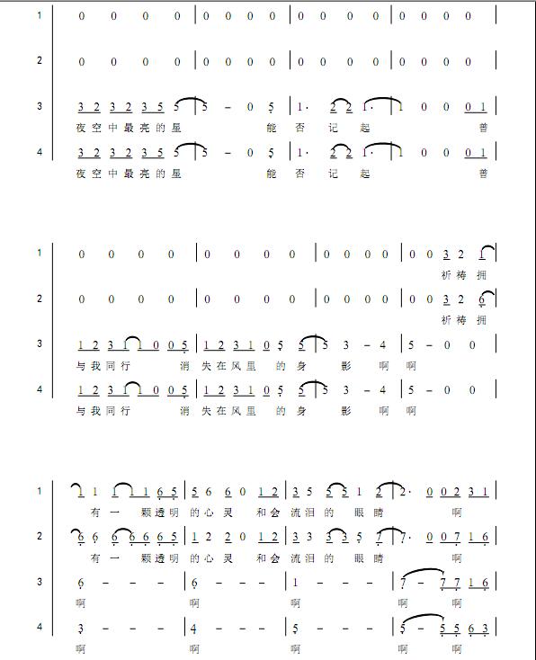 厦门六中室内合唱团 夜空中最亮的星 四声部合唱简谱 另售钢琴谱