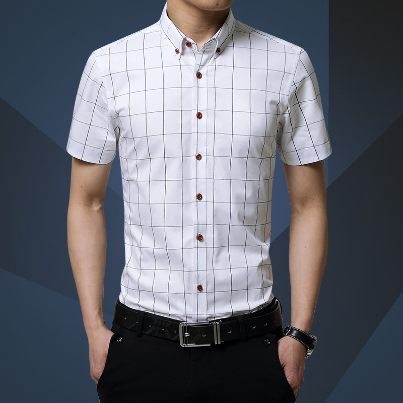 帝创者2018新款男士夏季韩版休闲格子纯棉短袖衬衫薄款修身衬衣