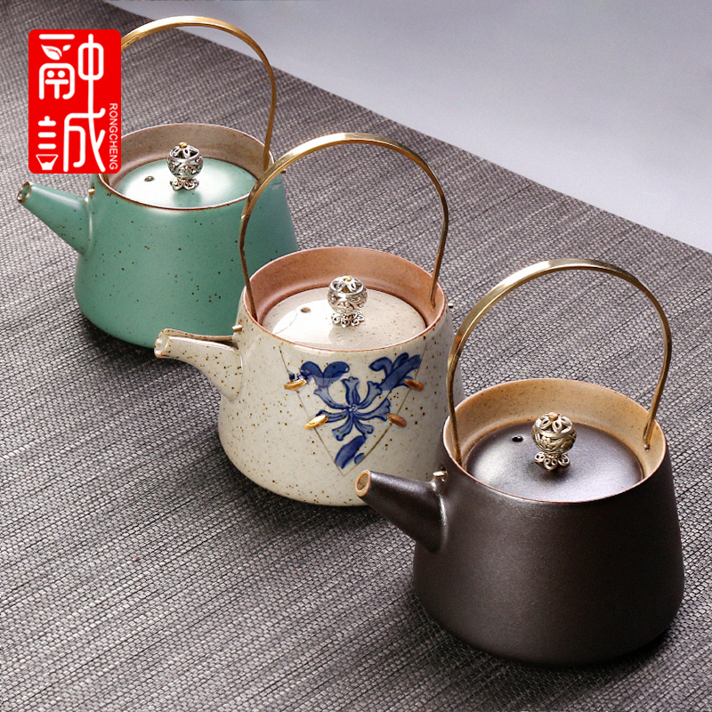 仿古茶壶提梁壶陶瓷复古泡茶器家用铜把单壶茶水壶日式功夫茶具