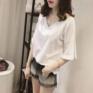 夏季t恤女胖mm百搭V领短袖打底衫加大码女装宽松遮肚子显瘦上衣潮女装T恤