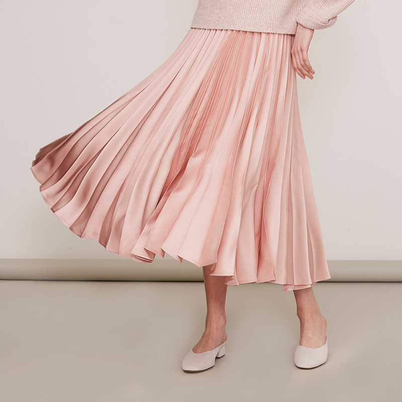 纳薇2018秋季甜美粉色风琴褶百褶裙长款A字半身裙修身显瘦