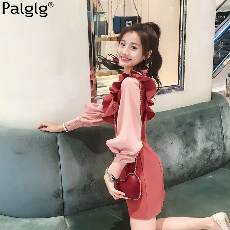 2019夏季新款韩版气质休闲甜美女装毛呢裙子红色长袖呢子连衣裙女