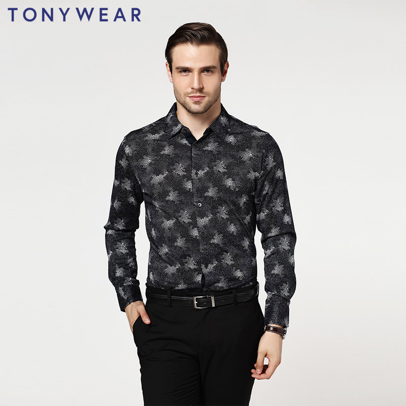 TONY WEAR汤尼威尔男士商务时尚双丝光全棉印花针织衬衫包邮