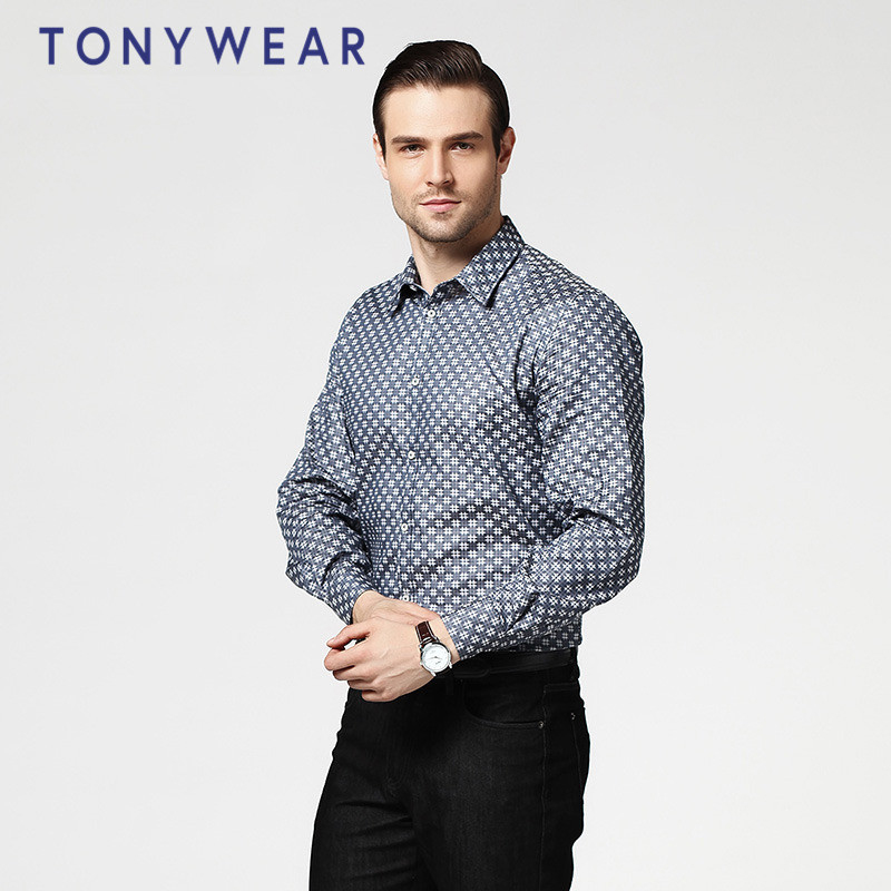 TONY WEAR汤尼威尔男士商务休闲全棉井字格长袖衬衫衬衣包邮