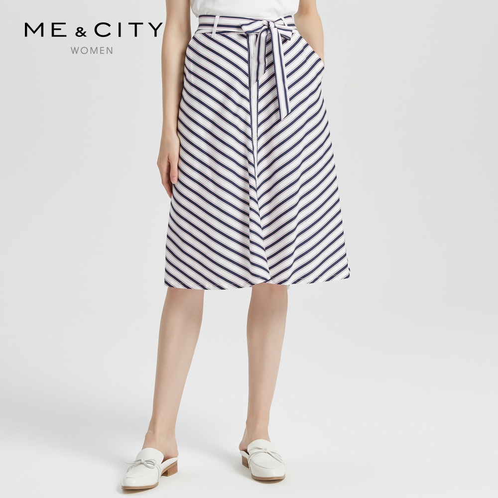 MECITY女装新款收腰系带条纹中长款很仙的文艺半身裙