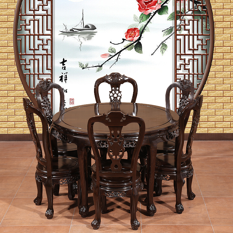 红木家具红木餐桌红檀木黑檀木圆桌1米/1.2米欧式小户型实木圆桌