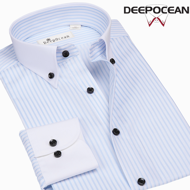 深海deepocean浅蓝色细条纹衬衫白领子男士长袖薄款衬衣商务休闲