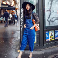 AUDREY WANG2016春季新款显瘦蓝色牛仔背带裤欧美街拍