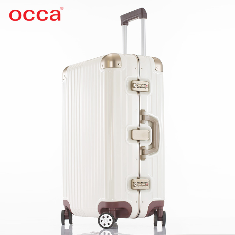 OCCA新款纯PC旅行箱女铝合金包角拉杆箱男万向轮奶咖色行李箱子