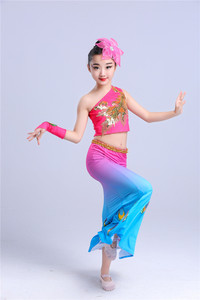 儿童傣族舞蹈服装孔雀舞 span class=h>演出服 /span>女童鱼尾裙少儿