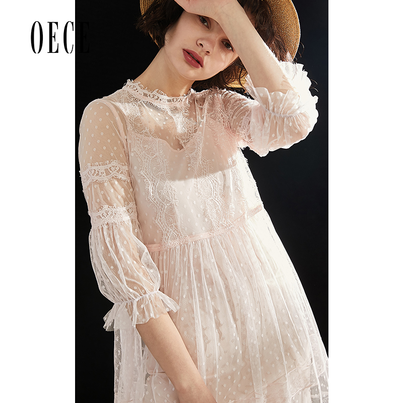 Oece2019夏装新款 复古流行裙子很仙的法国小众蕾丝连衣裙女夏