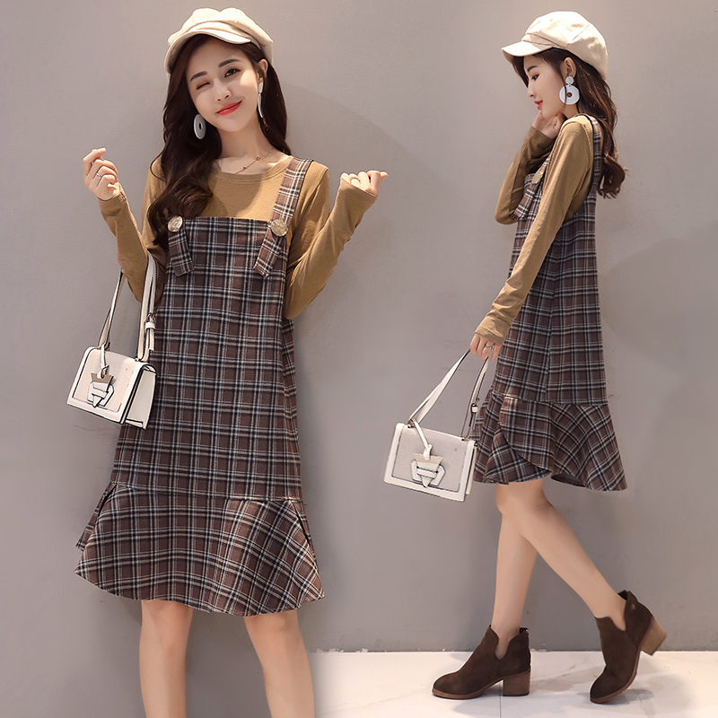 零五七一世家2019女装春新款韩版时尚中长款修身格子连衣背带裙