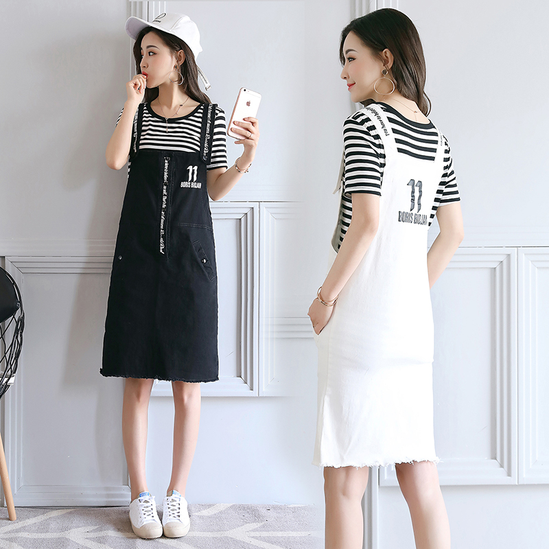 零五七一世家2019夏装新品韩版条纹T恤牛仔单排扣印花套装连衣裙