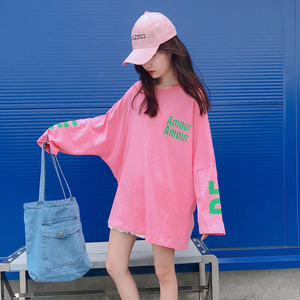 韩版字母长袖长款粉红色t恤图片